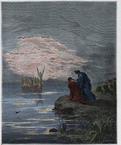 Purgatorio, Canto 2: Dante si inchina davanti al pilota angelico (illustrazione dalla Divina Commedia di Dante Alighieri, 1885) da Gustave after Dore